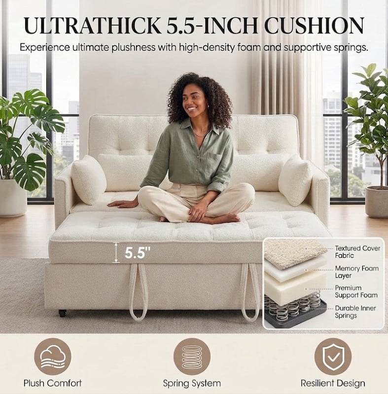 3-in-1 Convertible Sofa Bed with USB Charging Ports, Pull-Out Sleeper Sofa with Adjustable Backrest and Side Pocket, Compact Loveseat Couch for Living Room, Apartment, Dorm
