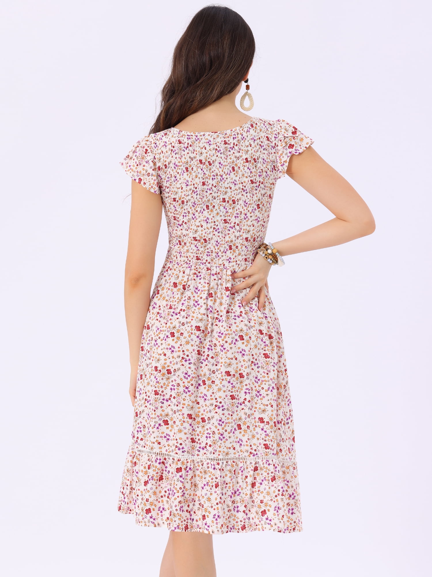 DARING DIVA Stylish Midi Smocked Floral Dress  S White