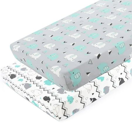 Pack n Play Stretchy Fitted Pack n Play Playard Sheet Set-Brolex 2 Pack Portable Mini Crib Sheets,Convertible Playard Mattress Cover,Ultra Soft Material，Elephant &