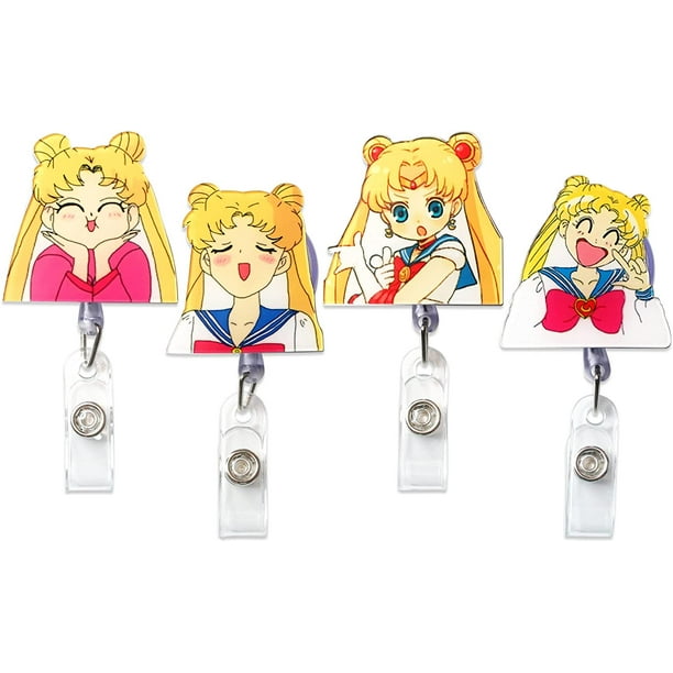 4Pcs Sailor Moon Retractable ID Badge Reel, Japanese Anime Manga Rubber  Plastic Holder Badge Reels Clip for Nurse and Student 