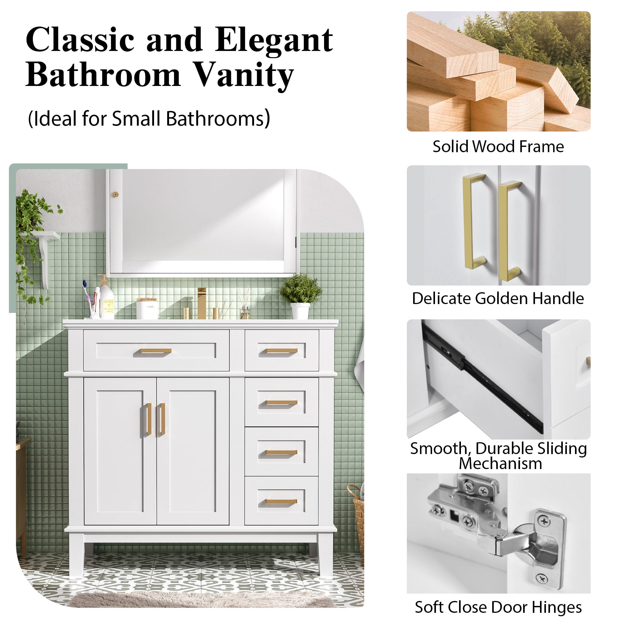 Euroco 36" Bathroom Cabinet with Ceramic Sink, Soft-Close Doors, Golden Handles, Ample Storage, and Overflow Protection