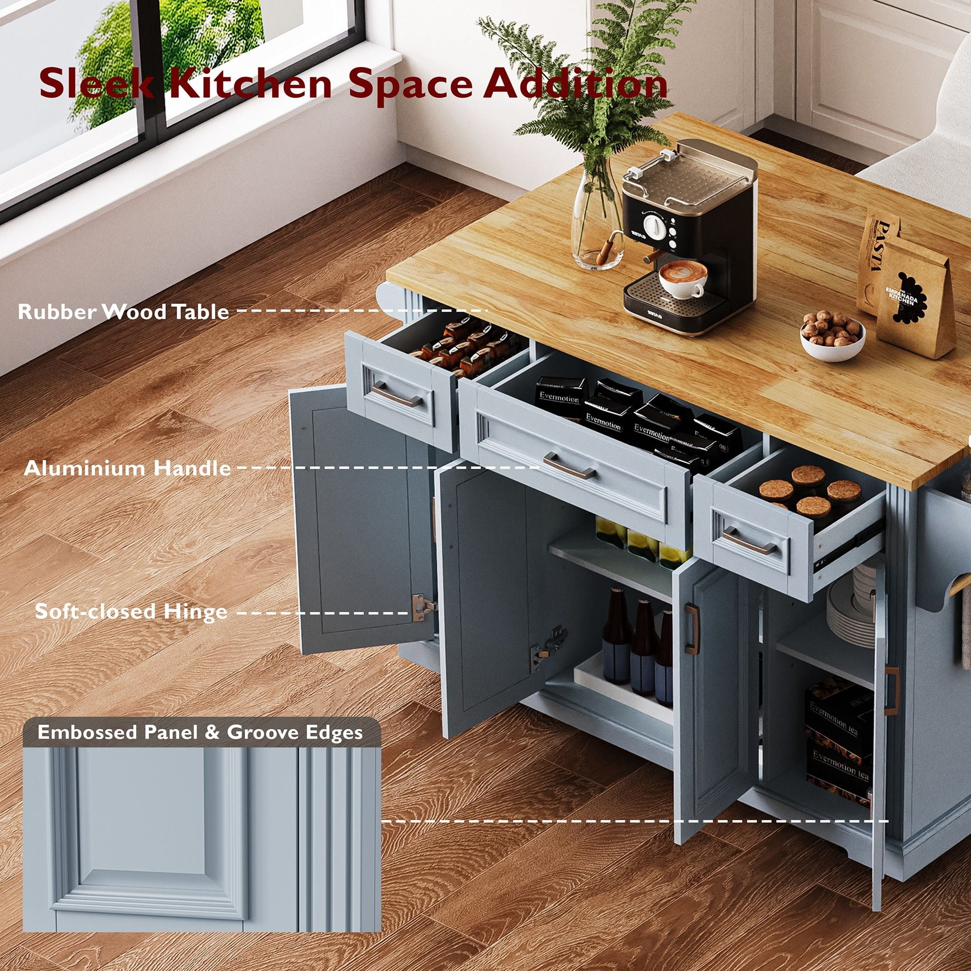 54" Large Kitchen Island On Wheels with Rubber Wood Drop Leaf, Rolling Island Cart on 4 Wheels with 4 Doors and 3 Drawers, Kitchen Island with Storage, Gray+Blue