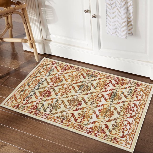 Alfombra vintage Haperlare con diseño floral oriental desgastado, lavable a máquina, antideslizante, estilo bohemio, para sala de estar, 60 x 90 cm, amarillo pálido