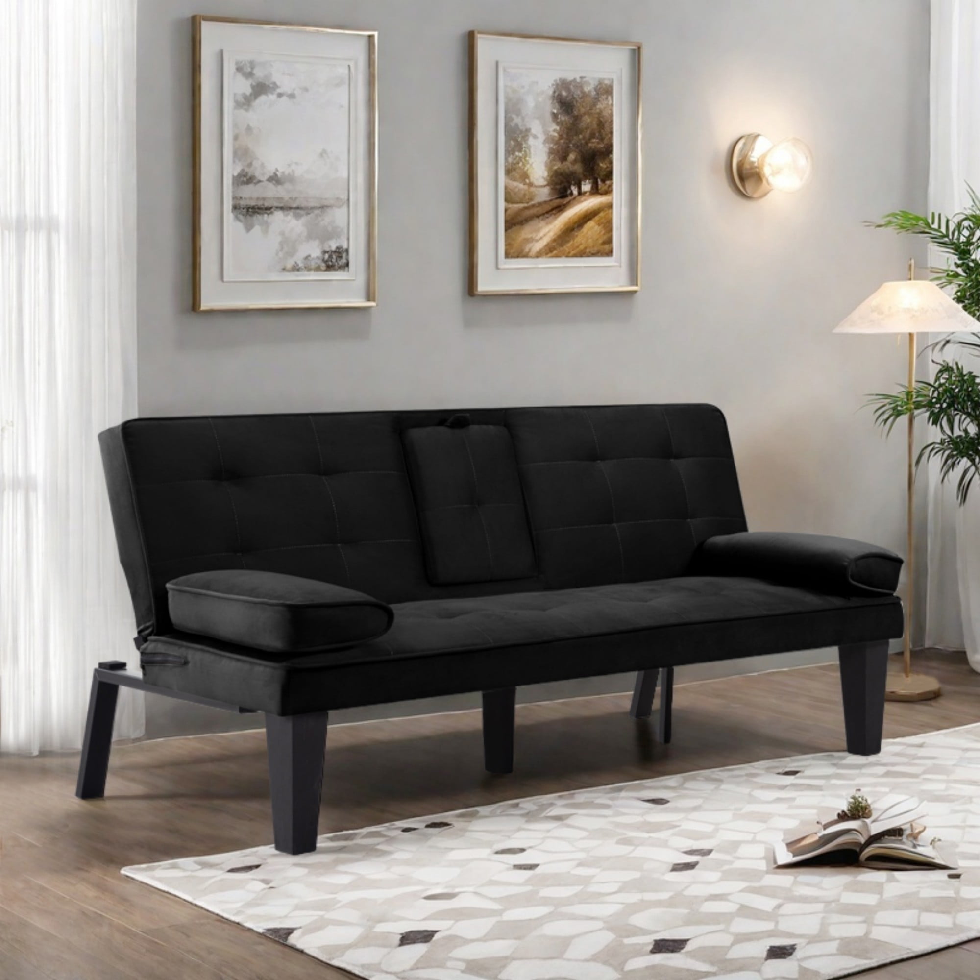 Gewnee 65''Futon Sofa Bed,3-Position Adjustable Folding Multi-Functional Sleeper Sofa with Cup Holder,Suitable for Living Room,Office and Guest Room.(Black)