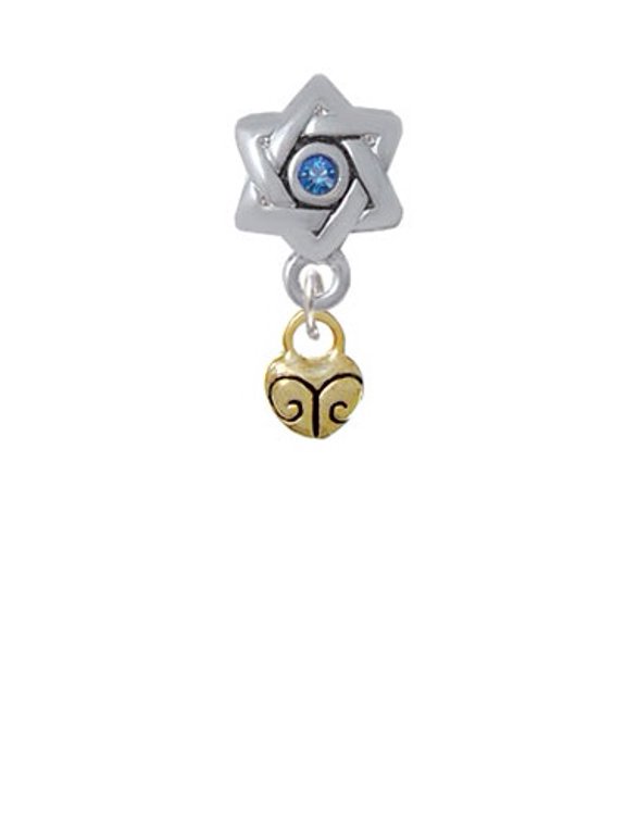 Mini Gold Tone Scroll Heart - Star of David with Blue Crystal Charm Bead