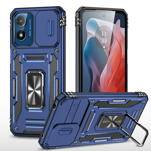 Feishell Case for Motorola Moto G Play 4G 2024 Camera Lens Slide Protection Cover with Ring Holder Kickstand, Car Magnetic Armor Heavy Duty Military Grade Shockproof PC Rugged Bumper,
Navyblue