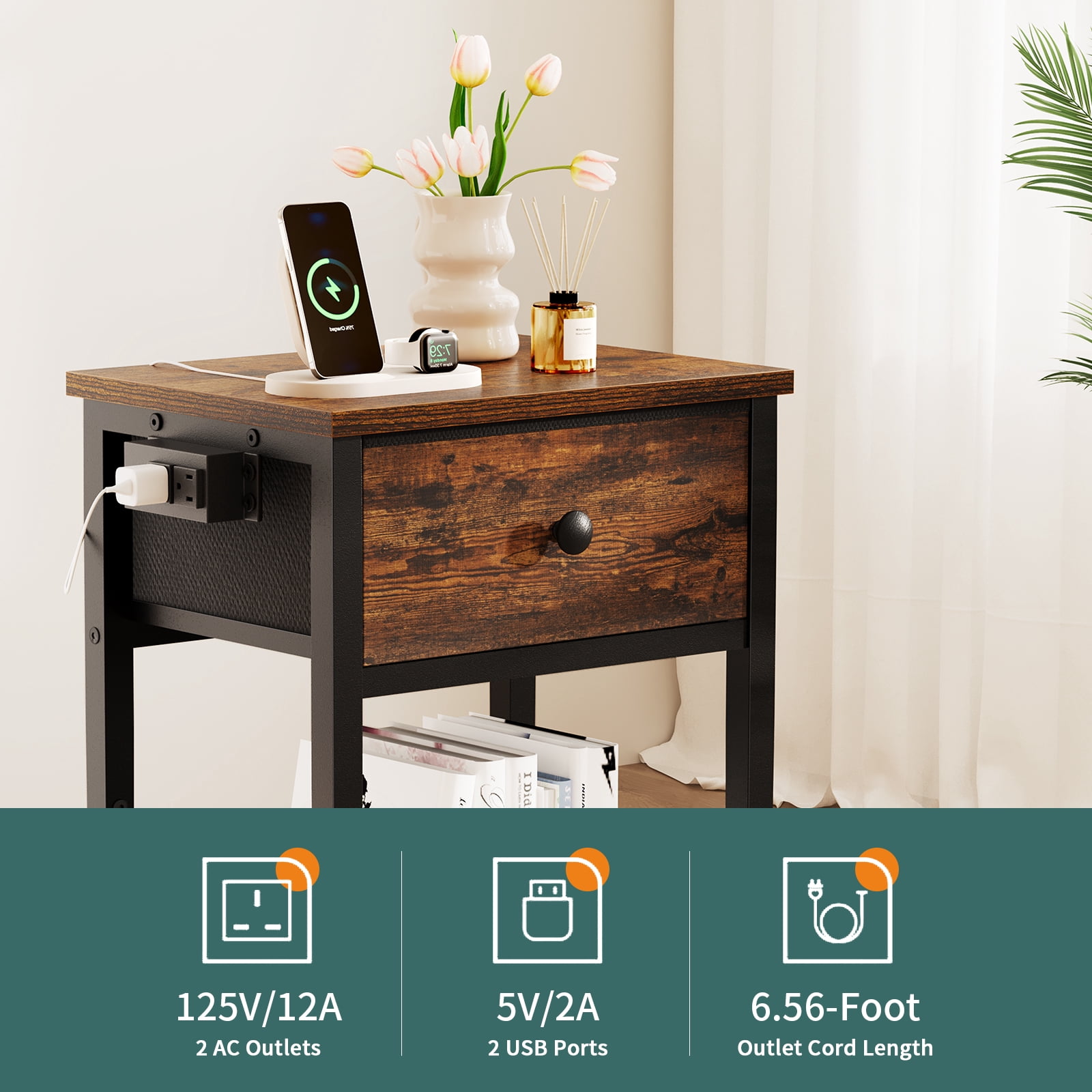 Yoobure Nightstand with Charging Station, Side Table with Large Drawer and Storage Shelf, Rustic Bedside Tables with USB Ports & Outlets for Bedroom,Living Room