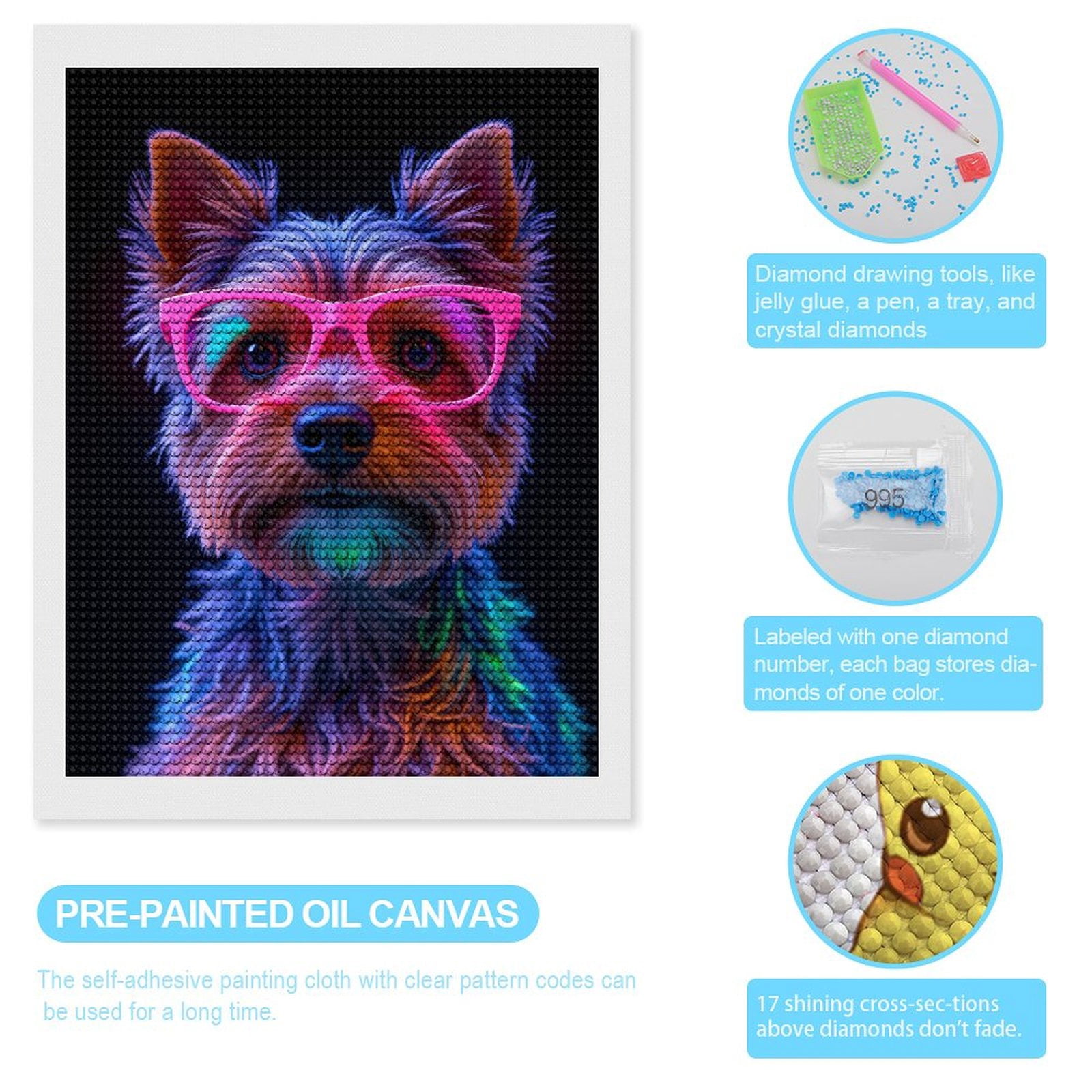 Diamond Art Kits for Adults, Neon Dog Glasses Colors 5D Diamond Painting Kits for Adults Beginners, DIY Full Drill Diamond Painting, Gem Art and Crafts 12x16
