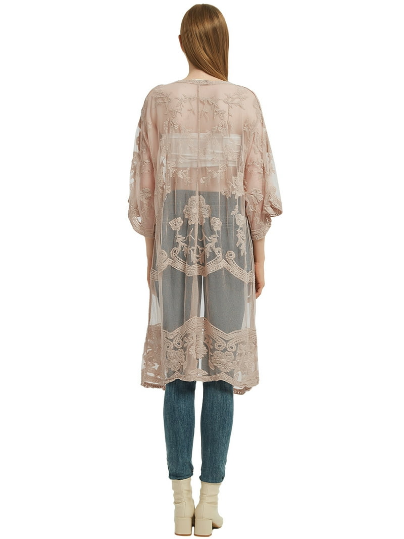 Floerns Women's Open Front Geo Print Cardigan - Sheer Mesh, Half Sleeve, Kimono Coverup, Sizes XS-L