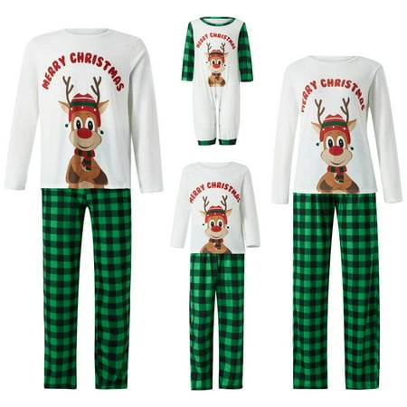 

Dsseng Christmas Family Matching Pajamas Set Letter Elk Print Long Sleeve Tops Plaid Long Pants Sleepwear for XMAS