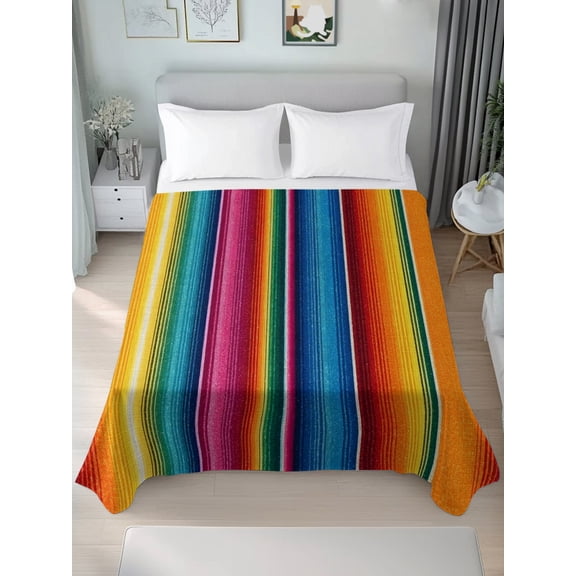 Queen Size Flat Sheet Only,Colorful Mexican Stripe Soft Top Bed Sheets Breathable Bedding Sheet Rainbow Line Watercolor Microfiber Hotel Luxury Top Sheets
