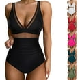 thumbnail image 1 of JURANMO Womens Mesh V Neck Two Piece Swimsuit High Waisted Bikini Sets Ruched Tummy Control Bathing Suits 2025 Summer Vacation Beach Outfits Red L, 1 of 8