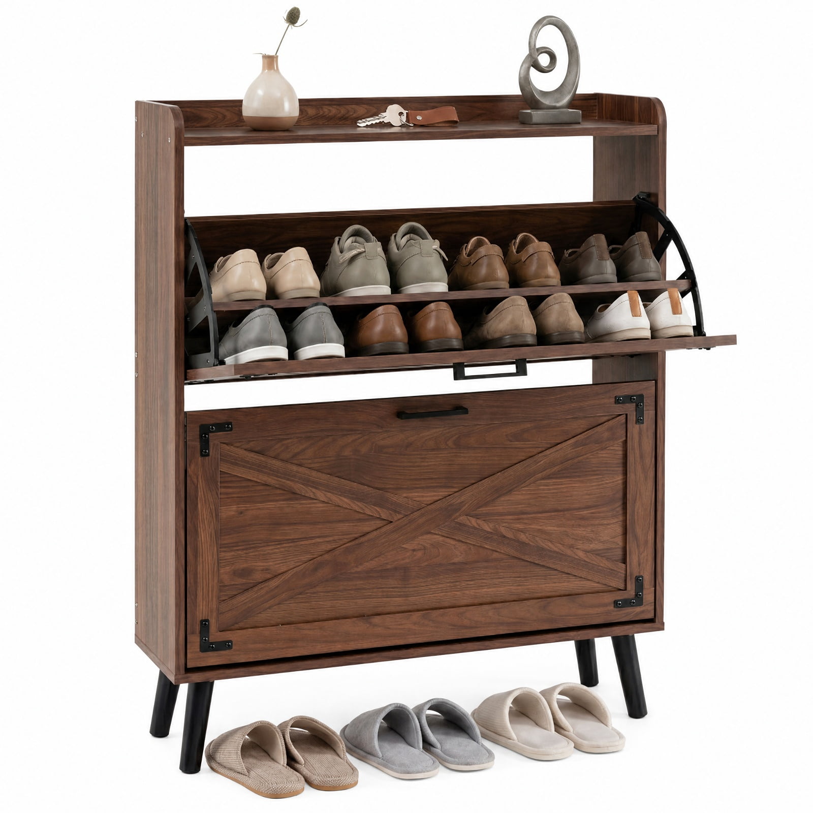 Furnibear Narrow Shoe Cabinet with 2 Flip Drawers Adjustable Removable Shelves and Barn Door Accents for Entryway and Hallway, Brown