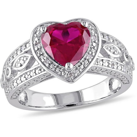Tangelo 2-4/5 Carat T.G.W Created Ruby and 1/10 T.W. Diamond Sterling Silver Heart Engagement Ring