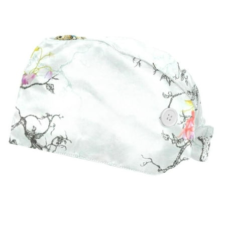 

2PCS Working Cap with Buttons and Sweatband Adjustable Tie Back Hats Bouffant Caps Bird Scrub Turban Hat