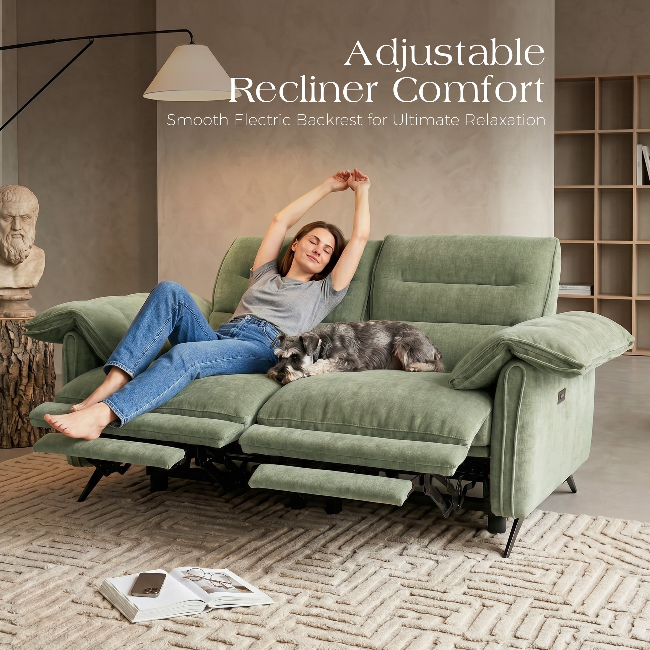 Aenkyo 66" Oversized Power Reclining Loveseat with USB Ports and Footrest, Green