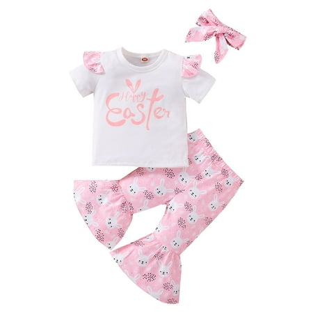 

Baby Girl Clothes Short Sleeve Easter Letter T-shirt Tops Cartoon Rabbit Printed Flare Pants Headbands Toddler Outfit