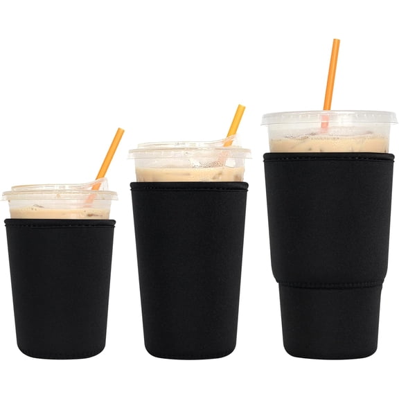3 Pack Reusable Iced Coffee Sleeves - Insulator Sleeve for Cold Beverages, Neoprene Coffee Cup Holder (Black)