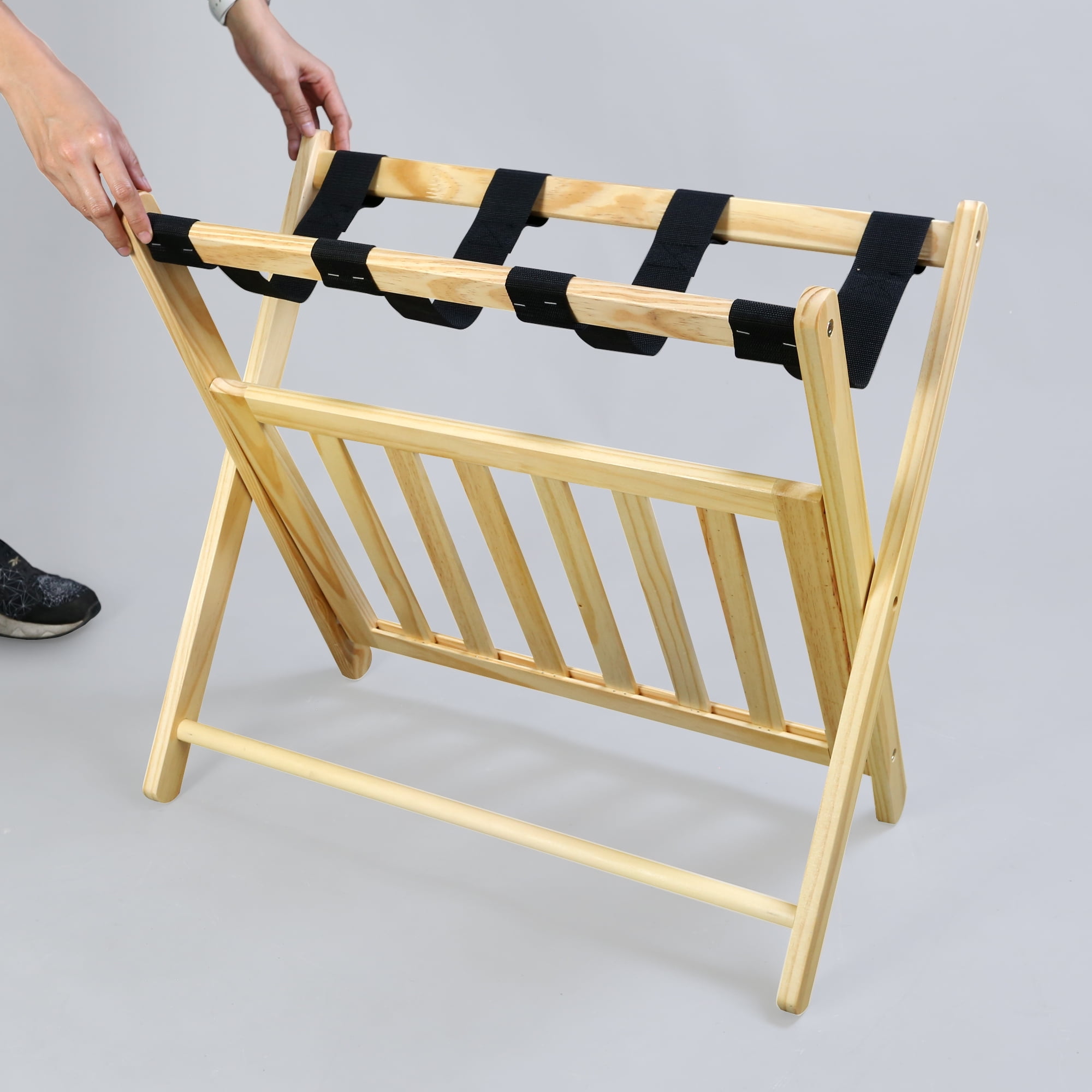Solid Wood Folding Luggage Rack with Heavy-duty Straps and Shelf - New Walnut