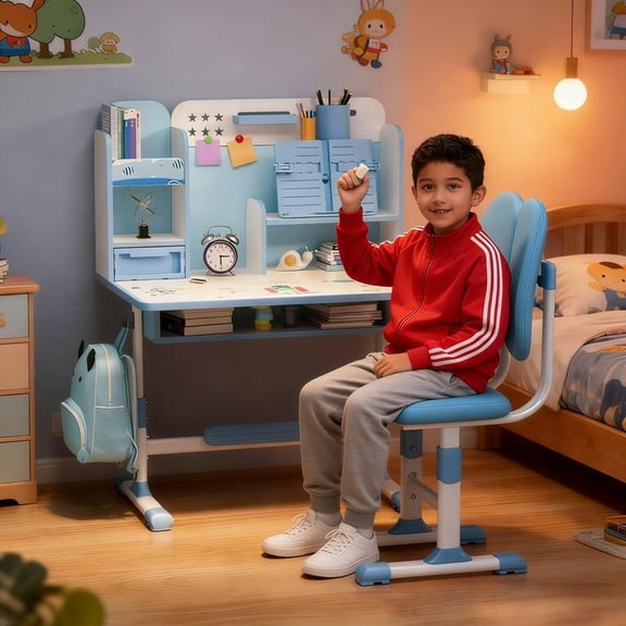 YNCE Kids Desk and Chair Set, Height Adjustable Kids Study Table and Chair Set, Children School Desk with Storage Drawer and Book Stand, Ergonomic Child Toddler Deskwith Sitting Posture Corrector