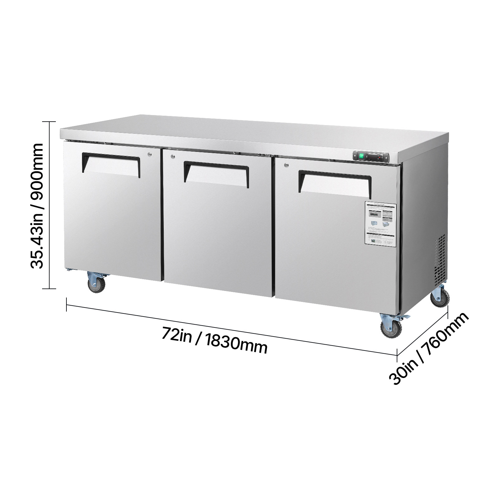 KFFKFF 72" W Commercial Freezer, 17.7 Cu.Ft Worktop Freezer with LED Lighting and Lockable Doors, 3-Door Food Storage and Prep Table, Stainless Steel Freezing Worktable with Casters