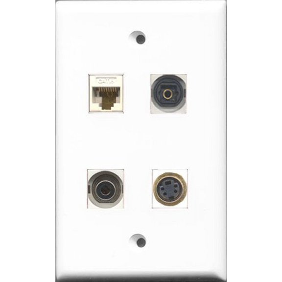 RiteAV 1 Port S-Video and 1 Port Toslink and 1 Port 3.5mm and 1 Port Cat6 Ethernet White Wall Plate