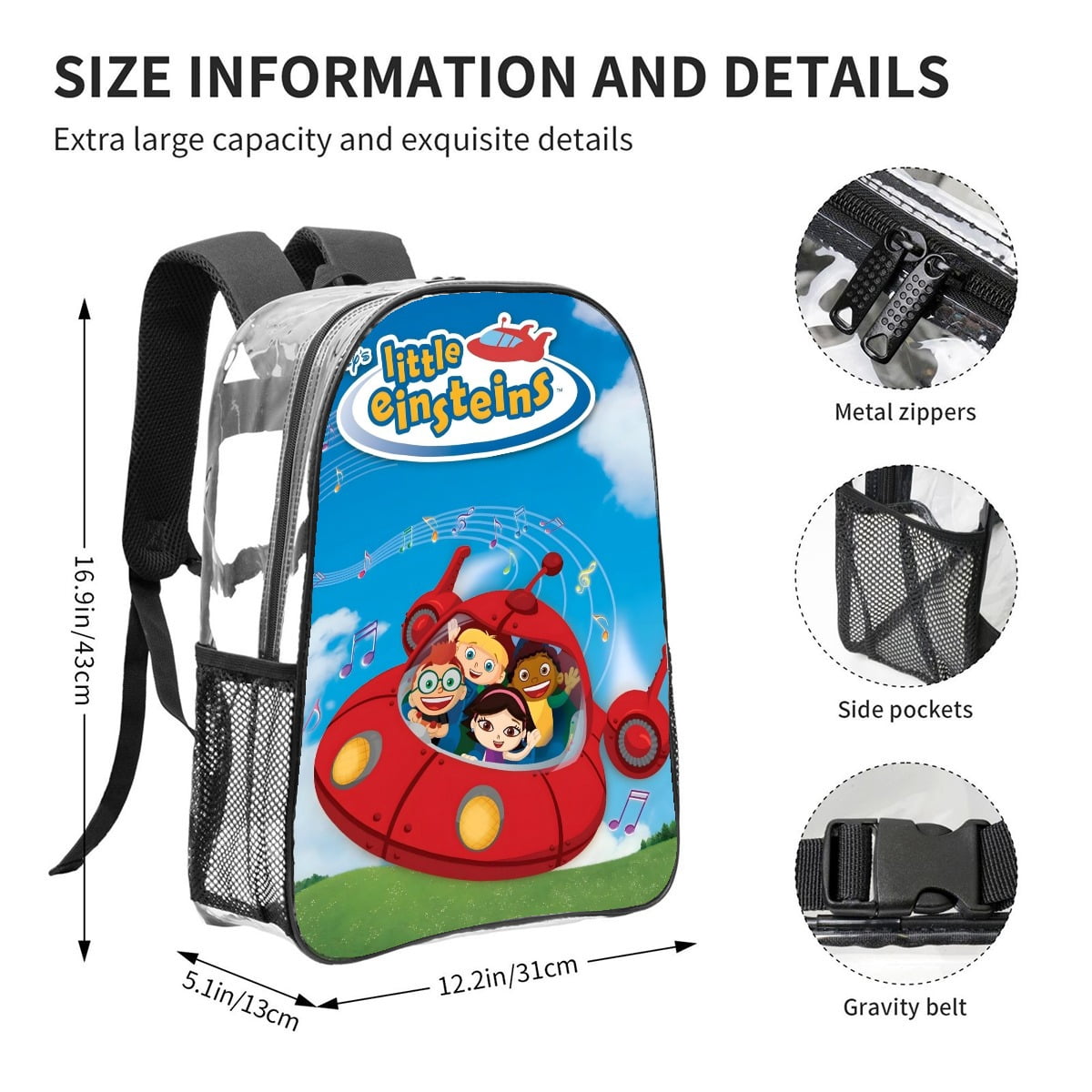 Little Einsteins-theme Clear Backpack Heavy Duty Transparent Bag See Through Bookbag for Work, Sport, College, Travel12.2“X16.9"(31X43cm)