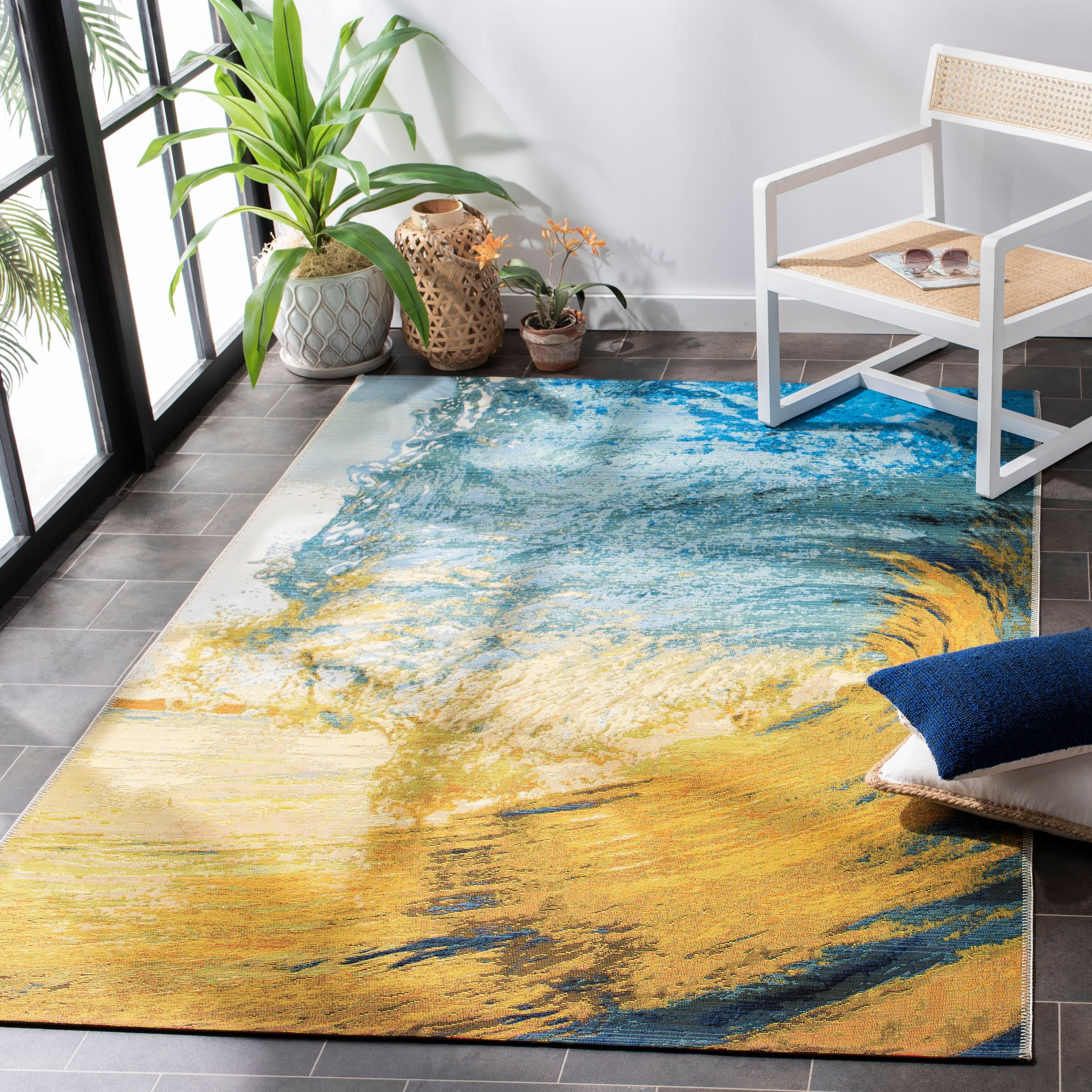 SAFAVIEH Barbados Sunset Waves Outdoor Area Rug, 8' x 10'5", Blue/Gold