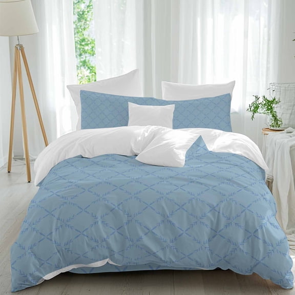 Blue Rhombus Bedding Duvet Cover Set Queen Size 4 Pieces, Modern Blue Plaid Abstract Geometric Diamond Lattice Bedding Set with Zipper Closure, 1 Comforter Cover 90x90in 1 Flat Sheet & 2 Pillow Cases