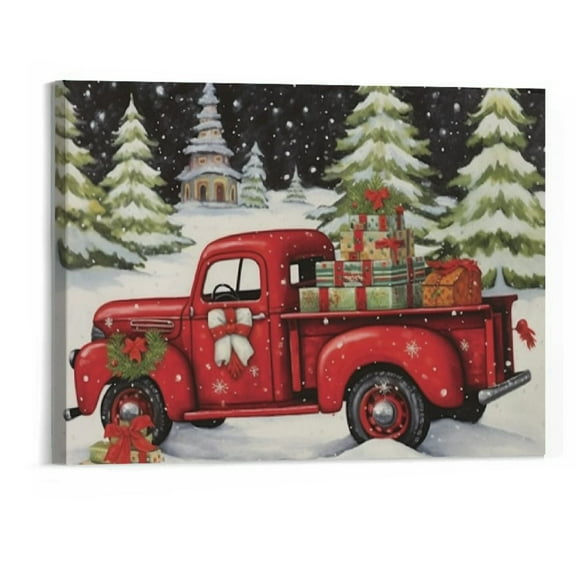 Creowell Red Truck Canvas Wall Art - Christmas Tree and Old-Fashioned Red Pick-Up Truck Winter Scene - Barn and Farmstead Poster Canvas Print Wall Art Bedroom Living Room Decor 20x16 Inch