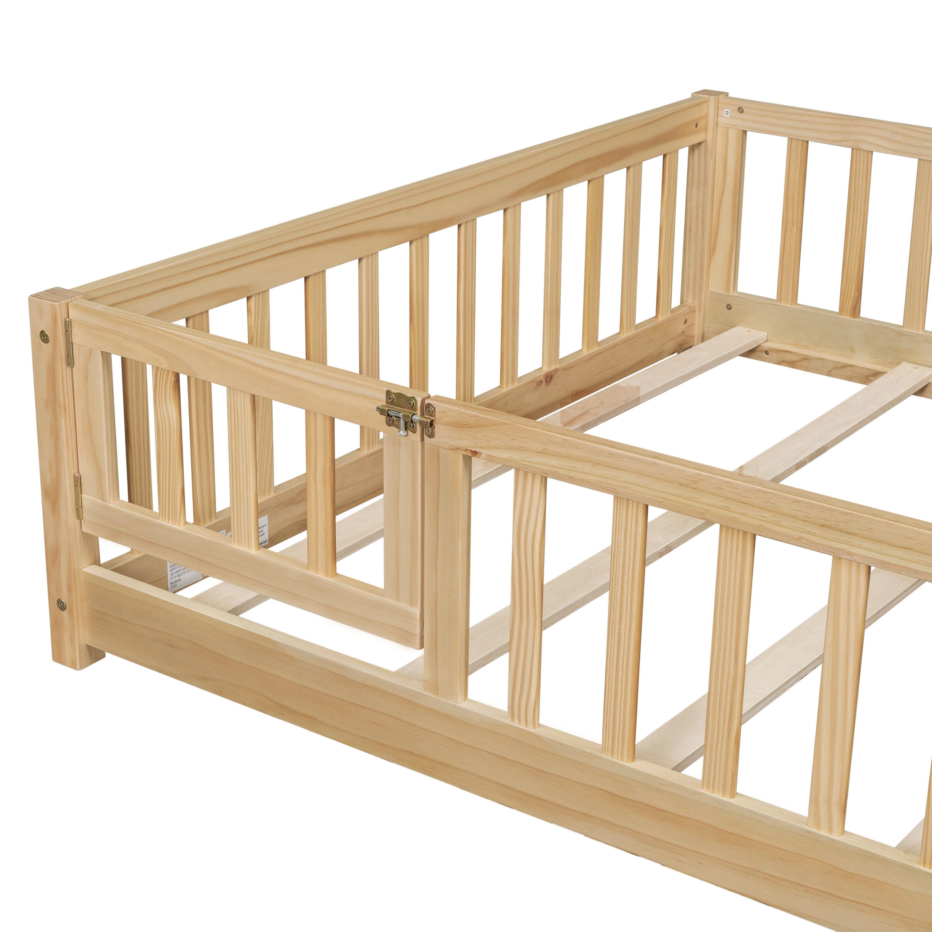 Alvantor Full Size Montessori Floor Bed for Kids with Door and Fence, Rubber Wood Toddler Platform Bed Frame, No Box Spring Needed, Natural