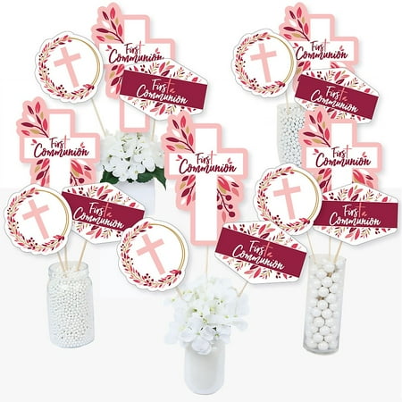 Elegant Centerpieces For Tables First Communion Pink Elegant Cross - Girl Religious Party Centerpiece Sticks - Table Toppers - Set of 15 ()