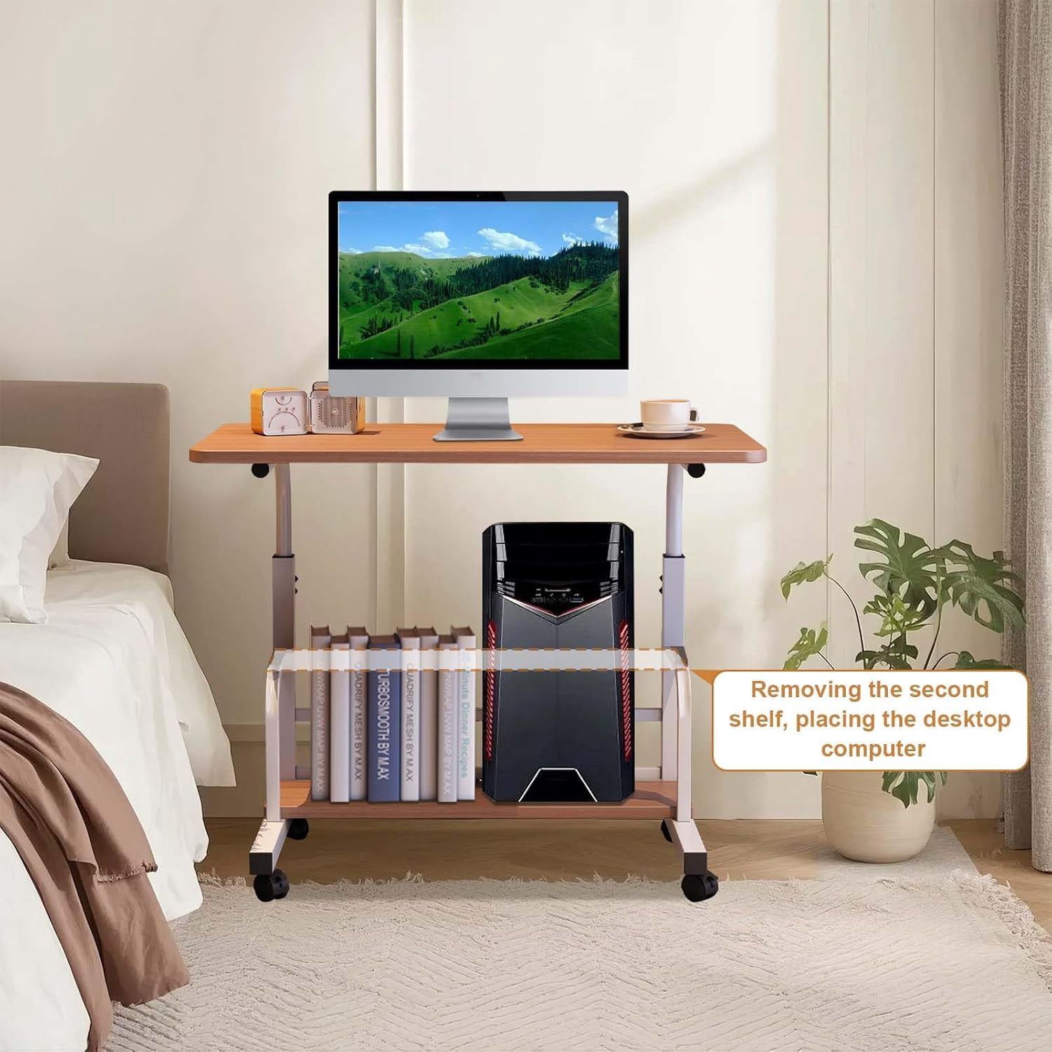 Adjustable Height Mobile Standing Desk – Portable Rolling Computer Table with Storage Shelves – Compact Laptop Desk for Home Office, Study, Small Spaces – with Wheels, Walnut Color 60 x 40CM