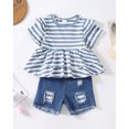 thumbnail image 2 of Baby Girl Clothes 12 18 Months Infant Outfit 18 Months Girl Clothes Summer 12 Month Girls Clothes Blue Striped Short Sleeve Top Denim Shorts Sets, 2 of 6