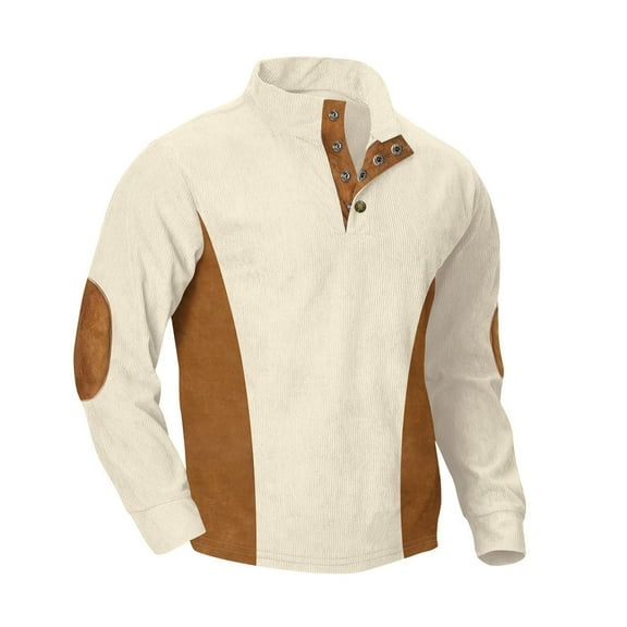 Lorytime Fall Sweatshirt for Men Color Block Vintage Fleece Pullover Mock Neck Buttom Long Sleeve Tops Outerwear Beige