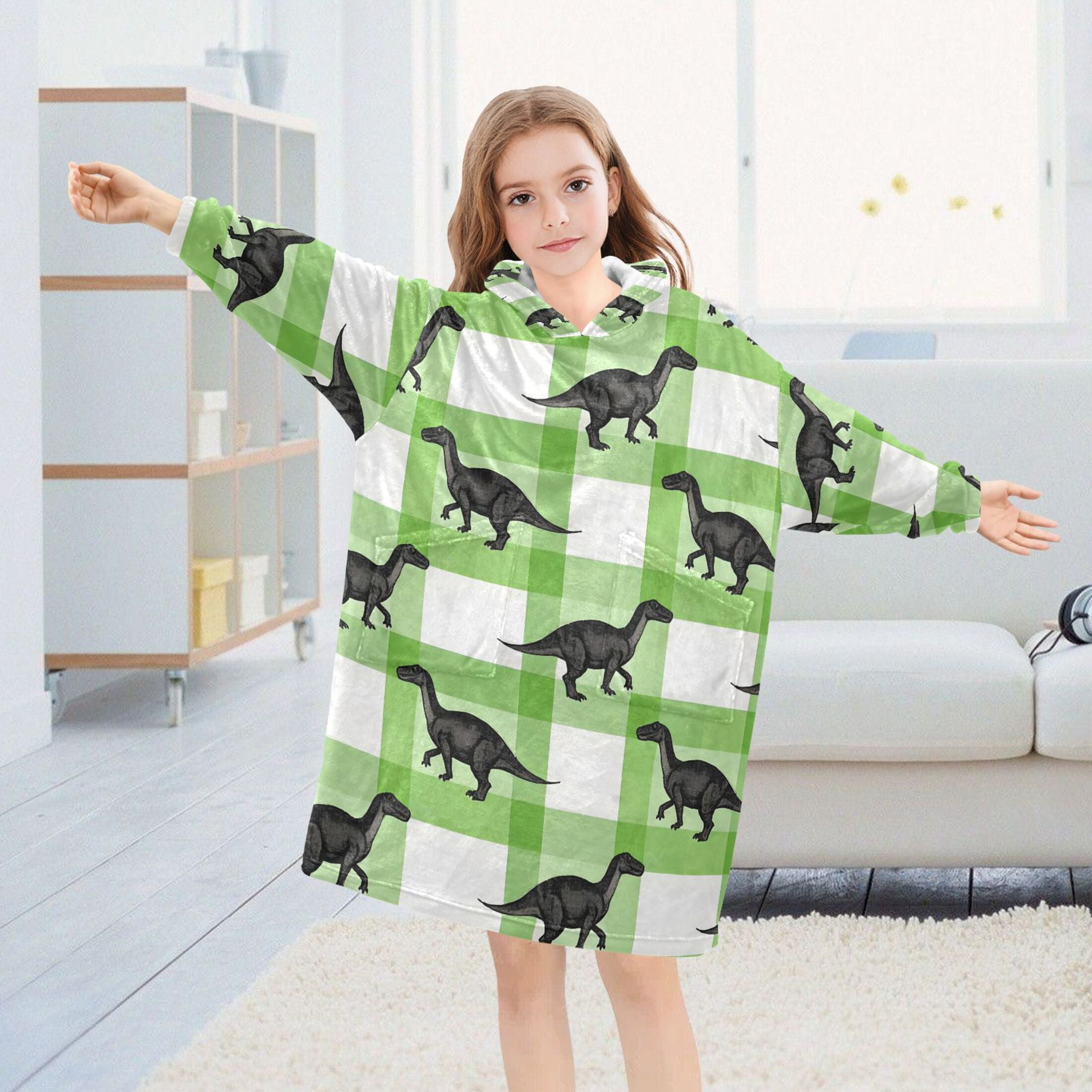 joogoo Blanket Hoodie for Dinosaur on Checkered Oversize Sweatshirt 3-14 YR L