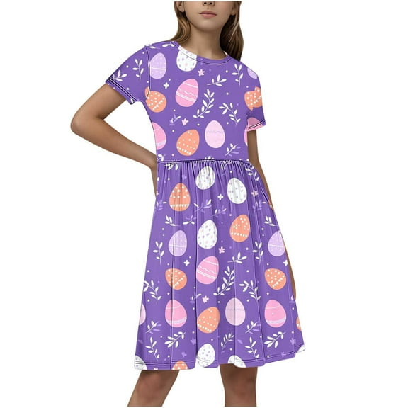 GERsome Girls' Short-Sleeve Dress Crewneck A-Line Sundress Summer Casual Midi Dresses for 4-14 Years Kids