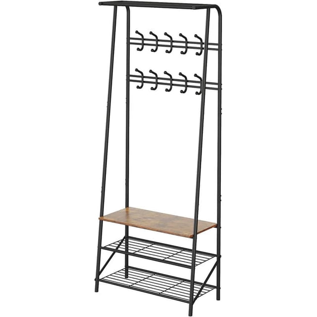 Bingirl Double Row Coat Rack Shoe Bench Organizer with 5/10 Hooks - 4-in-1 Entry Hallway Storage with Metal Frame, Wood Look for Living Room & Bedroom