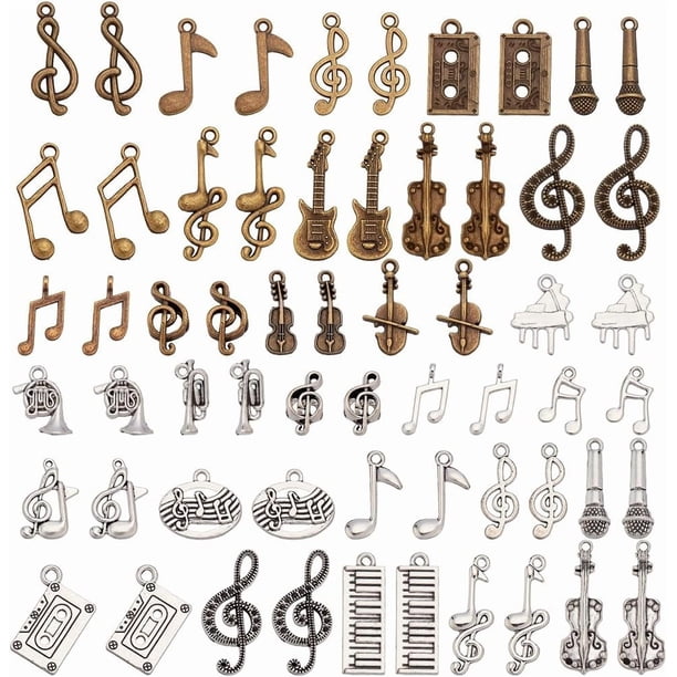 60 piezas de 30 estilos de notas musicales, dijes de instrumentos musicales multiestilo, símbolos, collares, pendientes, colgantes de metal a granel, accesorios de joyería.