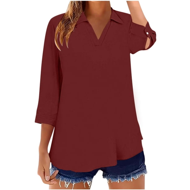 Mujeres 3/4 Manga Tops Y Blusas Color Sólido Turndown Cuello en V Suéter, 3/4 Manga Tops Casual para las Mujeres Suave Blusa de Poliéster, Ligero Primavera Verano Camiseta de Moda