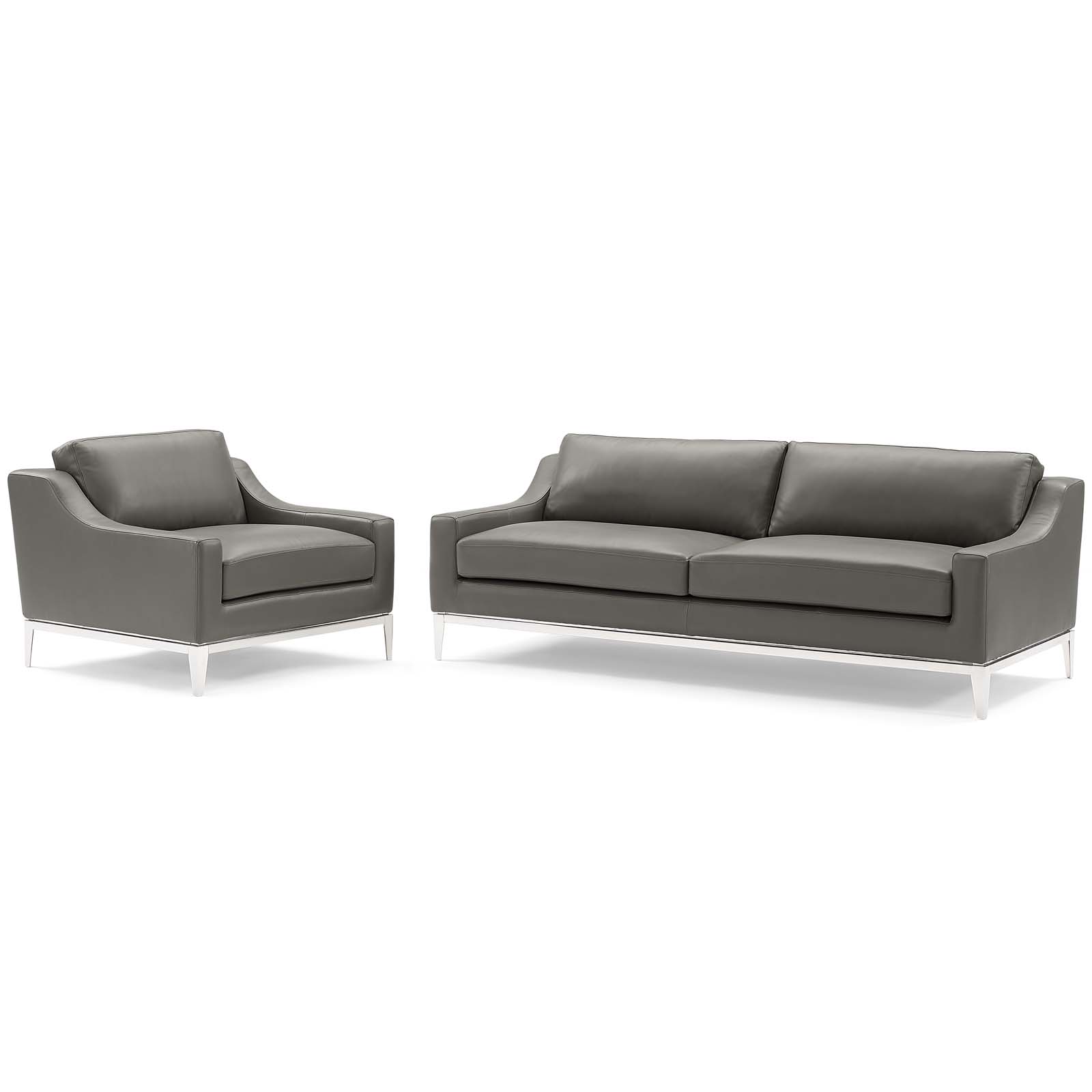 Armchair and Sofa Set, Leather, Steel, Grey Gray, Modern Contemporary