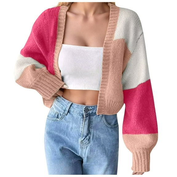 Arlun Women's Open Front Cropped Cardigan Sweaters Colorful Long Sleeve Knit Tops Soft Comfortable Trendy Color Block Lantern Sleeves Short Cardigans Outwear Red XL