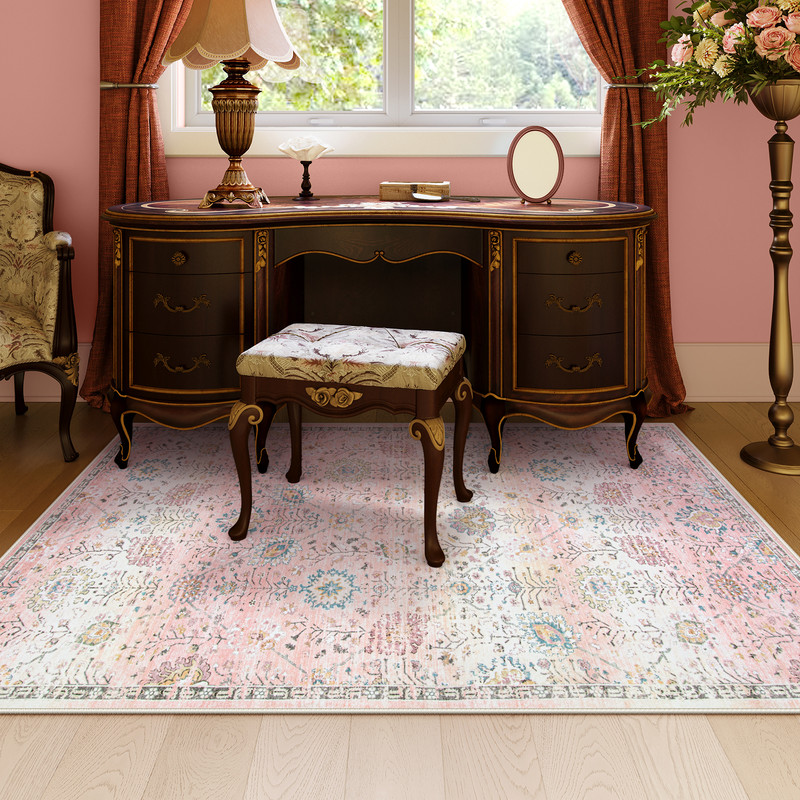 Wonnitar 3'x5' Light Pink Boho Rug, Machine Washable Area Rugs 3x5ft Dorm Rugs for College Students Girls, Soft Floral Small Nursery Pastel Rug Pink Carpet for Bedroom Kids Room
