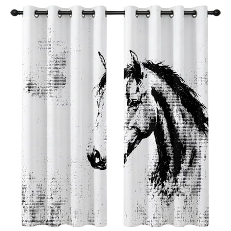 Horse Profile Blackout Curtains 84 Inches Long Abstract Bold Black White Ink Dot Silhouette Thermal Insulated Room Darkening Drapes with Grommets for Living Room 42 W x 84 L 2 Panels