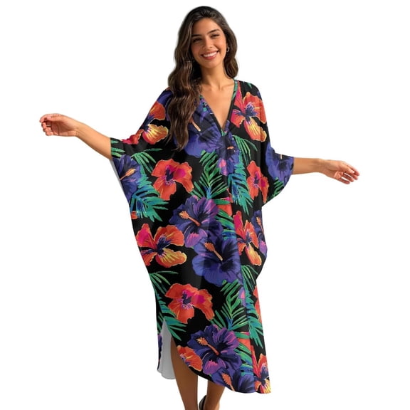 Xixirimido Colorful Hibiscus Palm Leaf Print Women’s Plus Size Beach Kaftan Dress V-Neck Batwing Sleeve Swimsuit Cover Up Flowy Caftan Dress for Pool, Cruise & Resort Wear