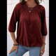 thumbnail image 4 of Camiseta de Cuello Redondo para Mujer, Blusa de Algodón de Media , Mangas 3/4, Informal, Holgada, Plisada, Básica. Vino Tinto XXL, 4 of 7