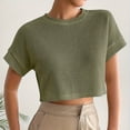 thumbnail image 5 of Crop Tops for Women Short Sleeve Waffle Knitted Blouse Solid Color Lightweight Crewneck Casual Summer Sweaters (XS, Green), 5 of 8