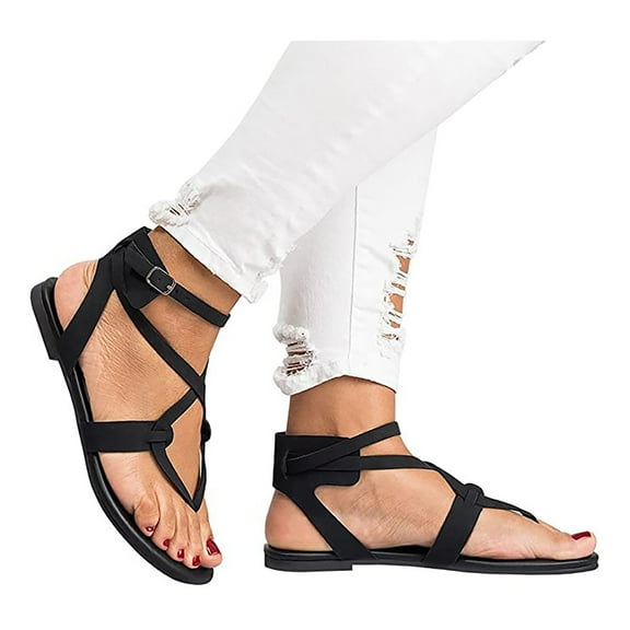 Lyinloo New Lace-up Flip Flat Sandals Ankle Ring Straps Large Size Women's Shoes Black 37