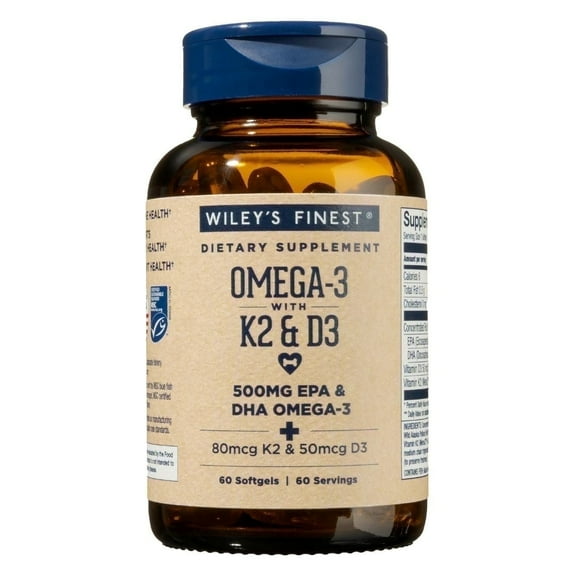 Wiley’s Finest Wild Alaskan Fish Oil Vitamin K2 & D3 Softgels - 500mg of EPA and DHA Omega-3s for Bone and Heart Health Support - 60 Softgels (60 Servings)