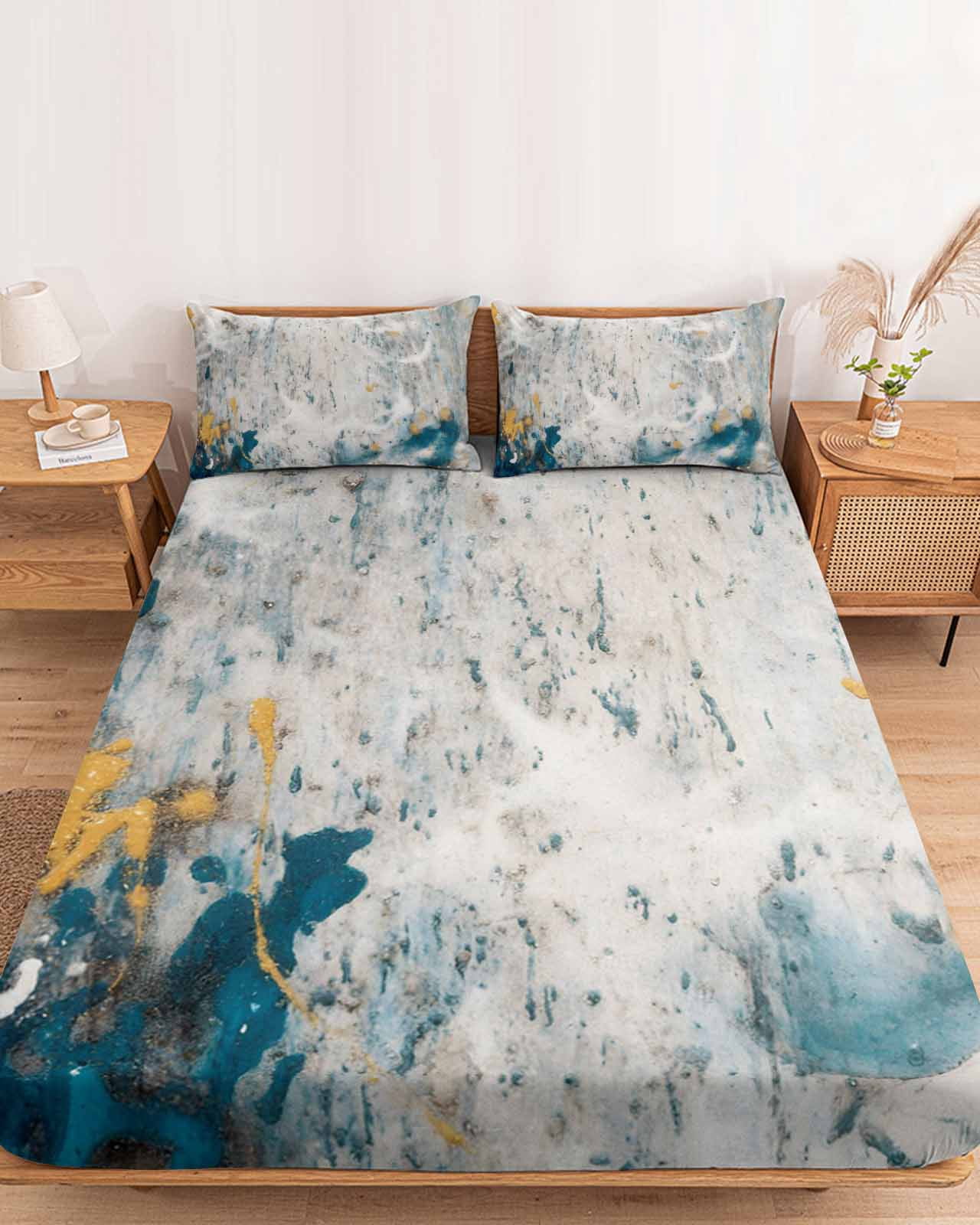 Twin Sze Fitted Sheet Set - Gray Teal 2 Piece Bedding Sets 16" Deep Pocket Fitted Sheet with 1 Pillowcase, Modern Abstract Art Retro Flow Marble Brushed Microfiber Hotel Luxury Bed Sheets